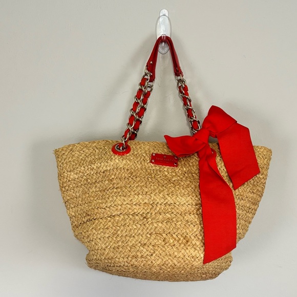 KATE SPADE Women’s Beige Red POINT BREEZE Coal Straw Tote Bag Large Bow 12” X 8” - Picture 1 of 13